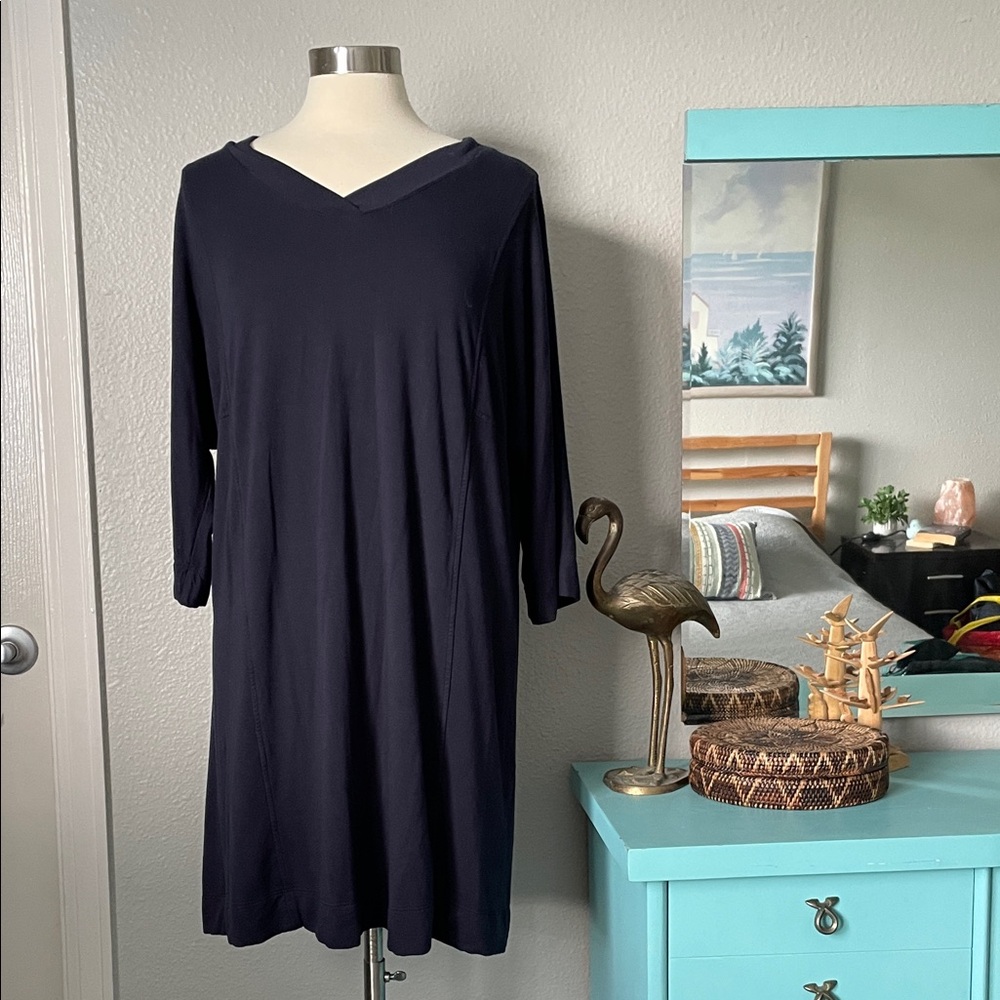 J. Jill Navy Blue Tranquility Fleece V-Neck 3/4 Sleeve Popover Dress Comfort